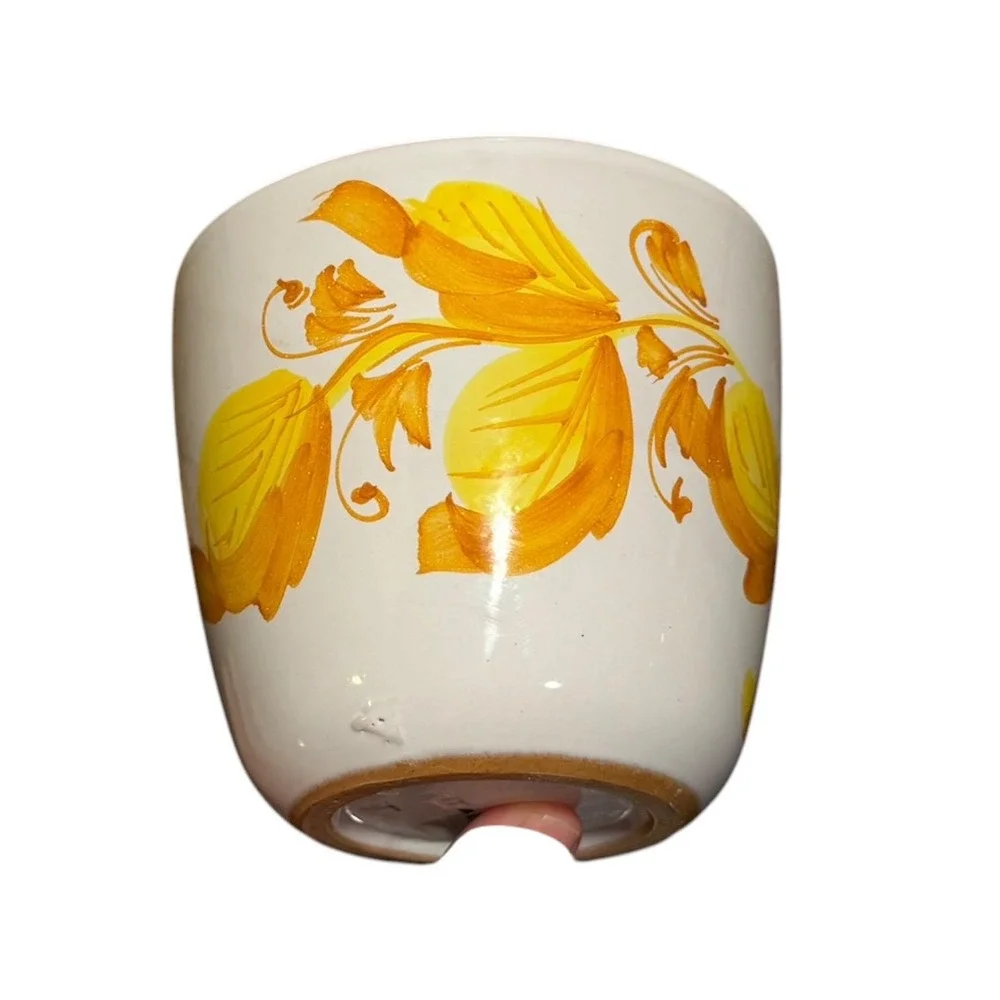Vintage Italian Hand Painted Floral Ceramic Planter Cache Pot Yellow